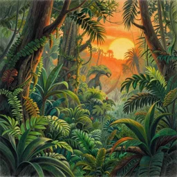 a beautiful color pencil drawing of a prehistoric rainforest, lush flora, dark green, orange, intricate detail, sunset, hazy, volumetric lighting, 8 k, ultrarealistic, trending on artstation