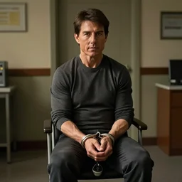 tom cruise sitting in a chair, being interrogated in a dimly lit room, lie detector test, hands tied together, dynamic lighting, hyper realistic,