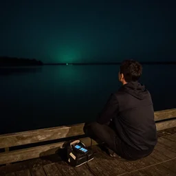 gatsby on his dock at night, looking at the dim green light across the water, realism, detailed, atmospheric,