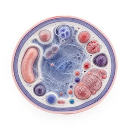 flat lay, electron microscope knolling of the parts of a cell.