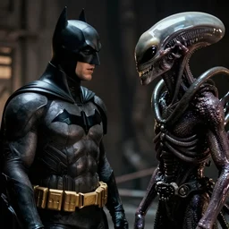 film still of Batman talking with a slimy Alien in the movie Alien(1990).