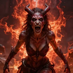 close - up expressive demon lilith, raging like hell, fine art masterpiece, highly detailed anka zhuravleva ren hang, dramatic lighting, long shot, wide angle, uhd 8 k, sharp focus