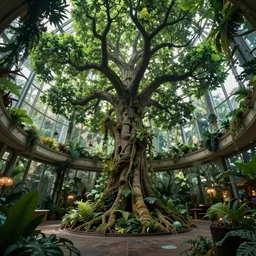 ! dream atrium magical, uncanny interior architecture merged with a grand tree in dense forest, rules of third, highly detailed, 8 k