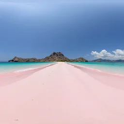 wide angle view, 3d stereoscopic equirectangular 360 on the pink beach at komodo island, fov 90 degrees, horizon centered, yaw 0 degrees