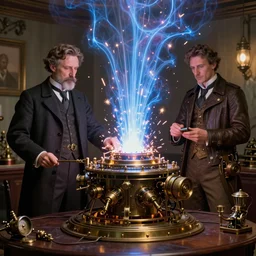 ( ( nikola tesla ) ) testing the antigravity machine ( ( steampunk ) ) octane renderer 8 k sparsely lit art by artgerm and greg rutkowski and alphonse mucha, plasma rays, sparks