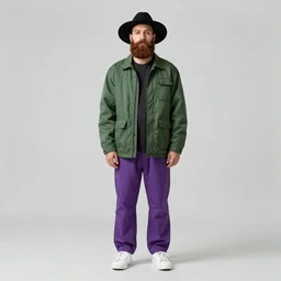 a man of caucasian appearance with a beard in a black hat, green jacket, purple pants and white sneakers in full height, perfect face, chin curtain brown beard, concept art