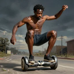 a black man falling off his hoverboard
