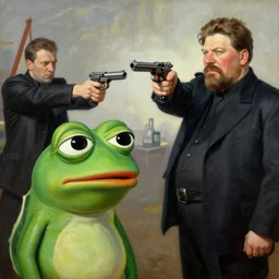 portrait of sad pepe the frog and josef stalin with guns fighting a drug cartel, an oil painting by ross tran and thomas kincade