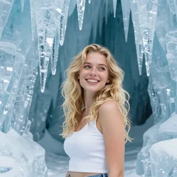 happy blonde girl in a beautiful crystal ice cavern