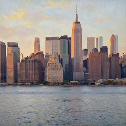 Art Nouveau skyline of New York City hudson bay by monet at golden hour sunset