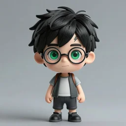 a boy with perpetually untidy black hair, bright green eyes, and a lightning bolt-shaped scar on his forehead. He is small and skinny for his age with a thin face and knobbly knees. He wears Windsor glasses.