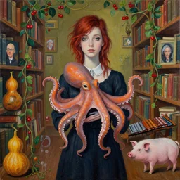 tall emo girl artist holding an octopus, in a library, books, small portraits, gourds, berries, vines, pigs, xylophone, acrylic on canvas, surrealist, by magritte and monet