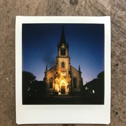 polaroid photo of a church on fire
