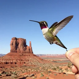 selfie of a hummingbird flying over monument valley
