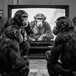 a television playing a scene from the movie the planet of the apes. while two chimps watch, black and white, high quality, detailed, realistic, photo, render,
