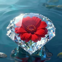 a red flower trapped in a diamond floating in crystal clear water, style artstation, style greg rutkowsk, comic art book,, octane render, unreal engine 6, epic game graphics, fantasy, ciberpunk, post - apocaliptic, ray tracing
