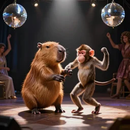 Capybara and Monkey dancing in a disco