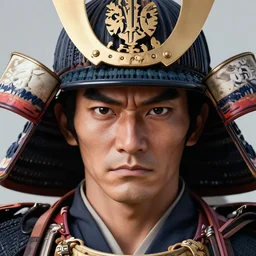 a powerful japanese samurai wearing a kabuto, detailed face, highly detailed, face symmetry, character concept portrait by moebius and laurie greasley, colorful, profile picture, 8 k, cinematic color grading