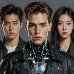 realistic portrait beautiful painting from scene in the terminator movie, when robot turned into korean idols. horror, created by thomas kinkade and gustave courbet, fine draw, high detailed, fine lighting, smooth draw, no anomaly.