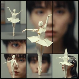 beautiful three point perspective film still of funky pop origami ballerina character study scene in merce cunningham, extreme closeup portrait in style of frontiers in blade runner miniature photography fashion architectural art studio seinen manga edition, porcelain holly herndon statue, pointe pose, tilt shift background, soft lighting, kodak portra 4 0 0, 8 k, macro, cinematic style by emmanuel lubezki