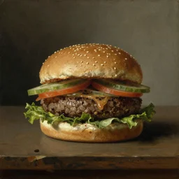 hamburger in still life. dutch masters, 1 8 th century. oil on canvas. juicy, fresh, delicious, mouth - watering