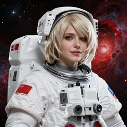highly detailed portrait of a hopeful pretty astronaut lady with a wavy blonde hair, by Anna Dittmann, 4k resolution, nier:automata inspired, bravely default inspired, vibrant but dreary but upflifting red, black and white color scheme!!! ((Space nebula background))