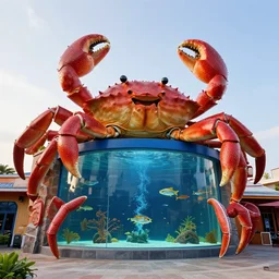 1 9 8 5 crab themed giant aquarium, googie architecture, one point perspective, americana, fishcore, exterior photography, hd 8 k, taken by alex webb