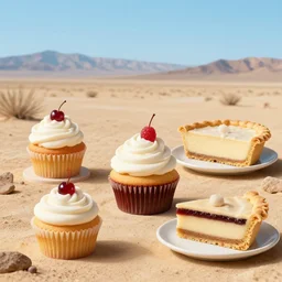 surrealist pastry desserts, cupcake, layer cake, pies by max ernst in a california desert landscape