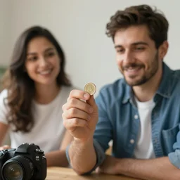 photograph of man flipping a coin, wife in the background, DSLR photography