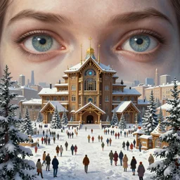 russian city of the future, socialist realism, view from the eyes, soviet cyberpunk, wooden architecture, lots of people, holiday, winter, highly detailed, digital painting, artstation, concept art, matte, sharp focus, illustration, art by artgerm and greg rutkowski and alphonse mucha