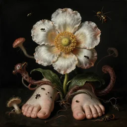 disgusting disturbing strange dutch golden age bizarre mutant flower floral still life with many human toes realistic human toes blossoming everywhere insects very detailed fungus tumor disturbing tendrils bizarre slimy forms sprouting up everywhere by rachel ruysch christian rex van minnen black background chiaroscuro dramatic lighting perfect composition masterpiece high definition 8 k 1 0 8 0 p