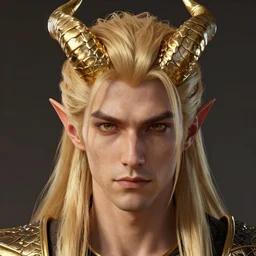 adult male ; 3 0 years ; sharp face ; long golden hair ; golden horns ; patches of scales ; pointed ears ; trending on artstation ; cinematic ; high detail ; digital art