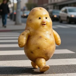 Human-like potatoes walking on a pedestrian crossing in a city, potatoes that look like humans