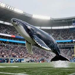 a humpback whale flying in the air over an nfl football stadium ultra detailed realistic photograph cinematic lighting