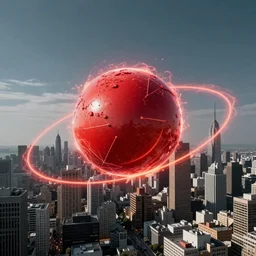 Red ball of energy orbiting a city