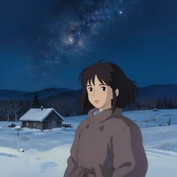 face portrait of a beautiful girl in a coat, close portrait, snow - covered small house in a background, night, stars in the sky, the milky way in the sky, winter landscape, painting by craig mullins, octane rendering, wide angle lens, in the style of hayao miyazaki, trending on artstation,