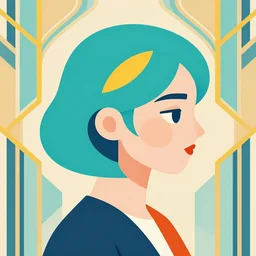 a girl with short turquoise hair, made of many colorful flat color minimal shapes and curves, modern graphic design, decorative art deco background, artsy, graphic design profile picture