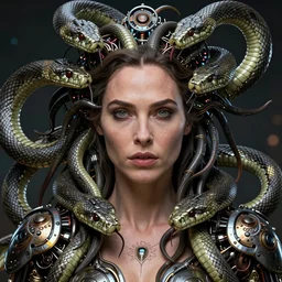 Medusa Gal Gadot, mechanical snakes of different sizes, detailed face,  very detailed, dramatic lighting, electrical details, high details, 4k, 8k, trending on artstation, by Greg Rutkowski, Wayne Barlowe, Hajime Sorayama and Boris Vallejo