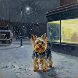 a mini-yorkie dog at night in the world of Edward Hopper, stormy snowy weather, streetlights, extremely detailed masterpiece, oil on canvas, low-key neon lighting, artstation, Blade Runner 2049, Roger Deakin’s cinematography, by J. C. Leyendecker and Peter Paul Rubens,