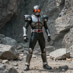 Biomechanical Kamen Rider, single character, full body, 4k, rock quarry location, daytime, glowing eyes, rubber suit, biomechanical armor, ultra realistic, high quality, cinematic, centered, octane render, cinematography