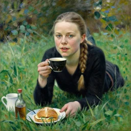 a astonishing portrait of greta thumberg in breakfast on the grass by manet, impressionism painting