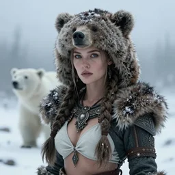 beautiful face, viking woman with braids, fur hood from bear head, bikini from white bear, standing in the snow, grey and blue tone, mid shot, ultra detailed, hyperrealistic, octane render, unreal engine, snow, mist and fog, depth of field, intricate details, ornate