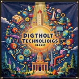 a banner for a digital technologies class with lots of different technologies, colourful, illustrator, no text