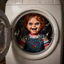 screaming chucky doll hiding in laundry hamper