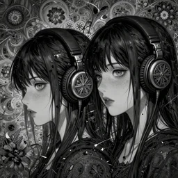 two beautiful lesbian girls in love, wearing headphones, fractal background motif, floral background, destruction, reality warping, desolate, gothic, in the style of anime, close - up, highly detailed face, 4 k, artstation, intricate, chaotic, brutal, esoteric, highly detailed, stylized, japanese, amazing composition