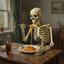 a lonely skeleton eating spaghetti alone in his apartment, detailed realistic oil painting