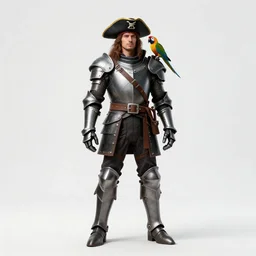 armored pirate captain with parrot, photorealistic portrait photography, full body, standing, isolated on a pure white background, centered, whole figure in frame, sharp focus, studio lighting