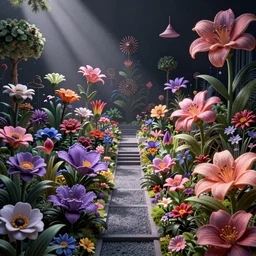 vaporwave flower garden, intricate unreal engine render, trending on pixiv