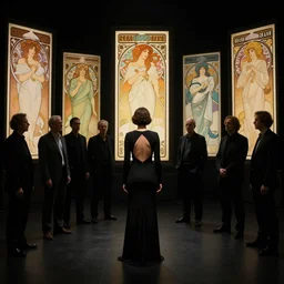 nicholas cage stands in a black room with a black dress with a cut - out on the back, anton pieck, jean delville, amano, yves tanguy, alphonse mucha, ernst haeckel, edward robert hughes, stanisław szukalski and roger dean