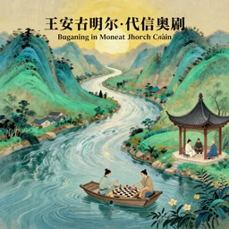 A meandering river flows from a turquoise hill next to a small pavilion where people sit and play chess, in this image painted by Wang Anshi